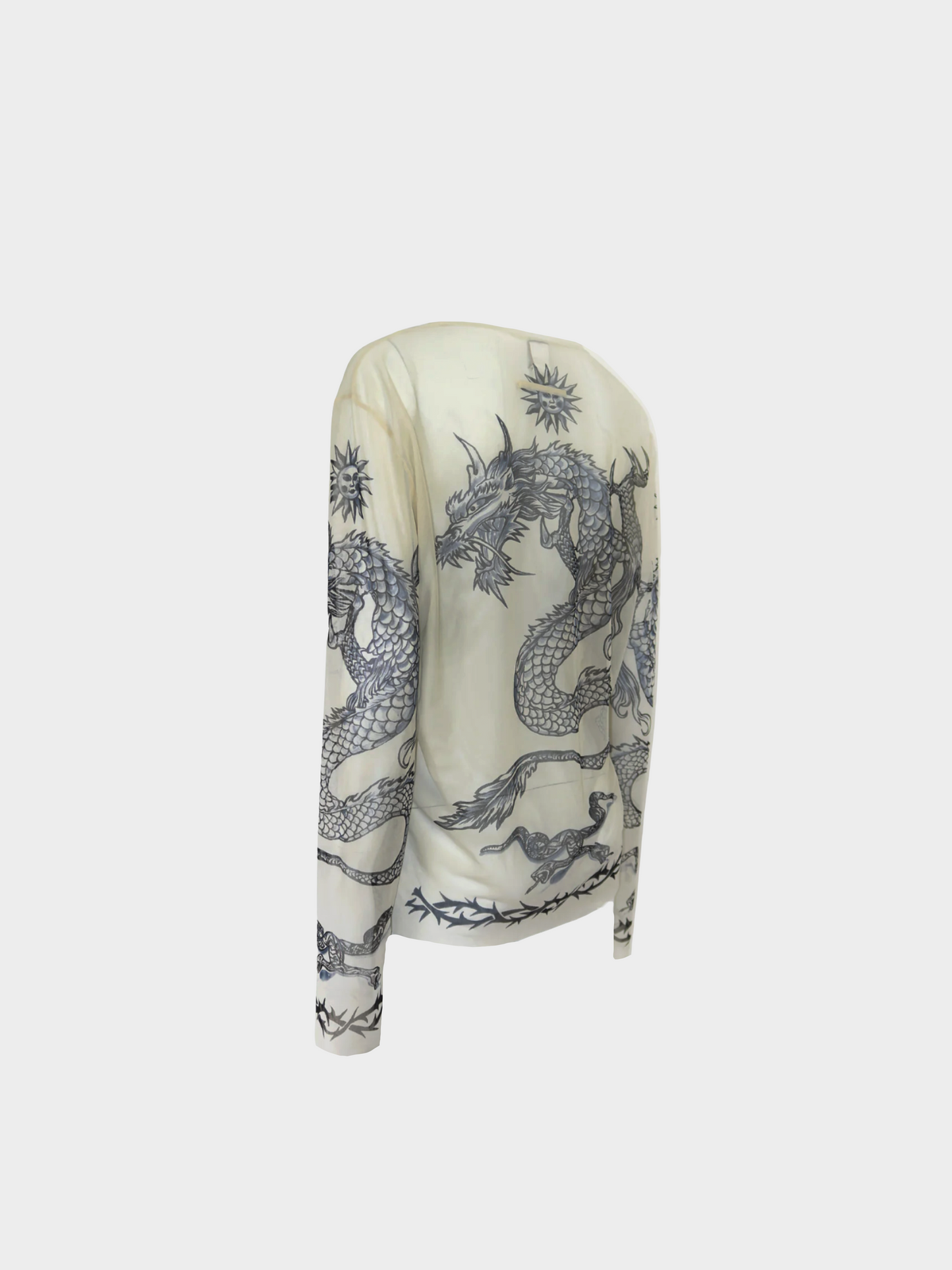 Jean Paul Gaultier SS 1996 Nude and Black "Safe Sex Forever" Tattoo Printed Long Sleeved Mesh Top