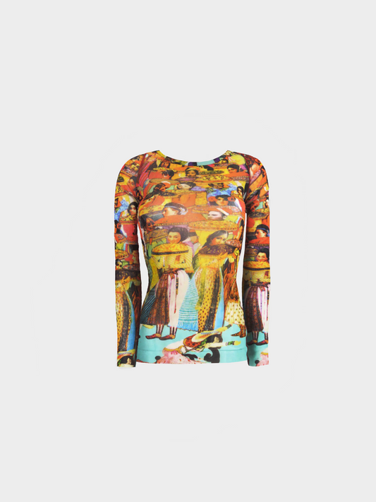 Jean Paul Gaultier SS 1994 Multicoloured "Bollywood" Printed Long Sleeved Mesh Top