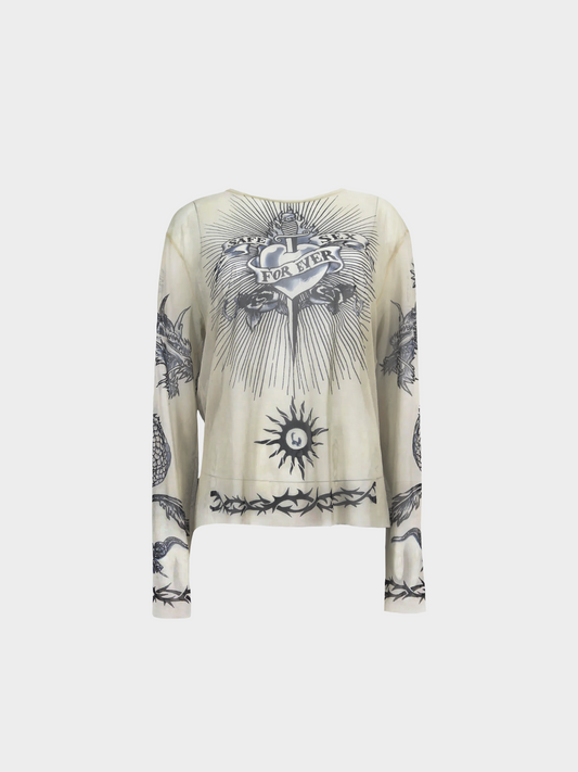 Jean Paul Gaultier SS 1996 Nude and Black "Safe Sex Forever" Tattoo Printed Long Sleeved Mesh Top