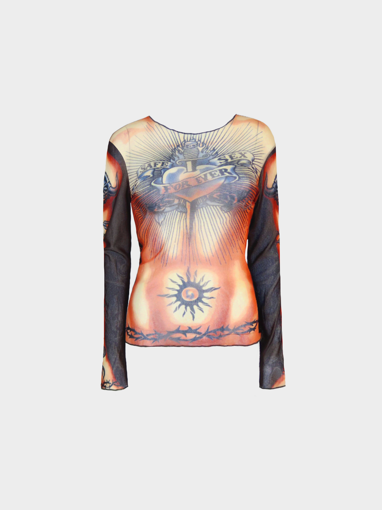 Jean Paul Gaultier SS 1996 Multicolour “Safe Sex Forever” Print Long Sleeve Mesh Top