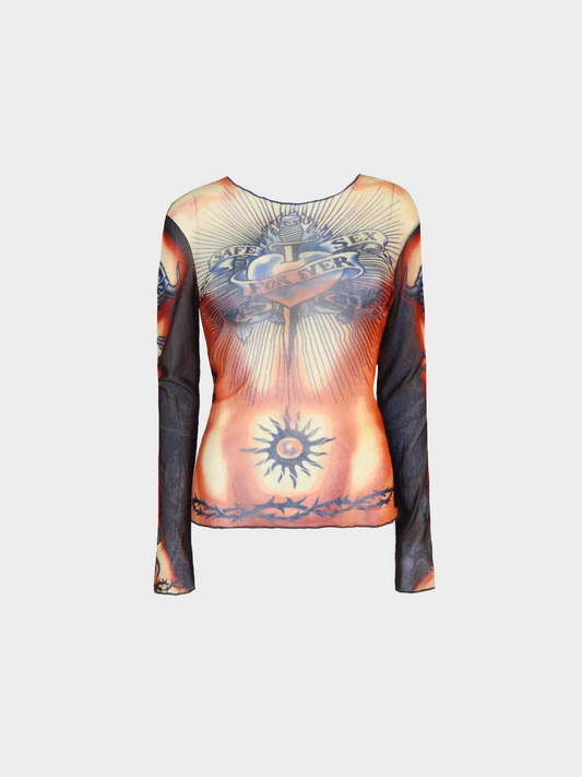 Jean Paul Gaultier SS 1996 Multicolour “Safe Sex Forever” Print Long Sleeve Mesh Top