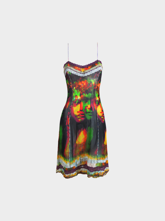 Jean Paul Gaultier SS 2000 Multicoloured "Psychedelic Faces" Printed Cami Dress