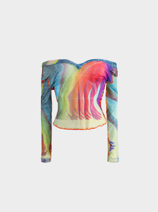 Jean Paul Gaultier 1990s Multicolour Chakra Hand Printed Mesh Long sleeved Top