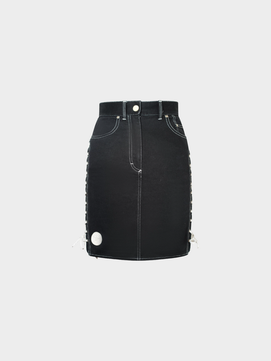 Jean Paul Gaultier SS 1992 Junior Gaultier Black Lace-Up Denim Skirt