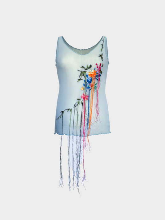 Jean Paul Gaultier 2000s Blue Embroidered Flower Tank Top