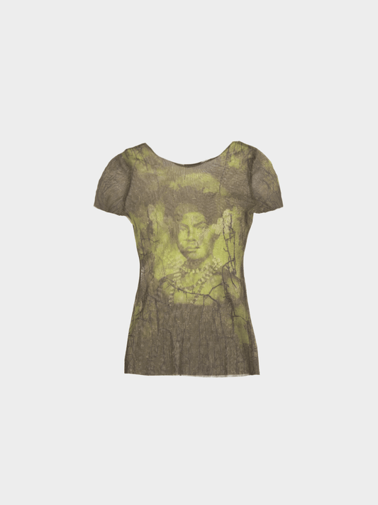 Jean Paul Gaultier 1990s Green Mesh Graphic Print Top
