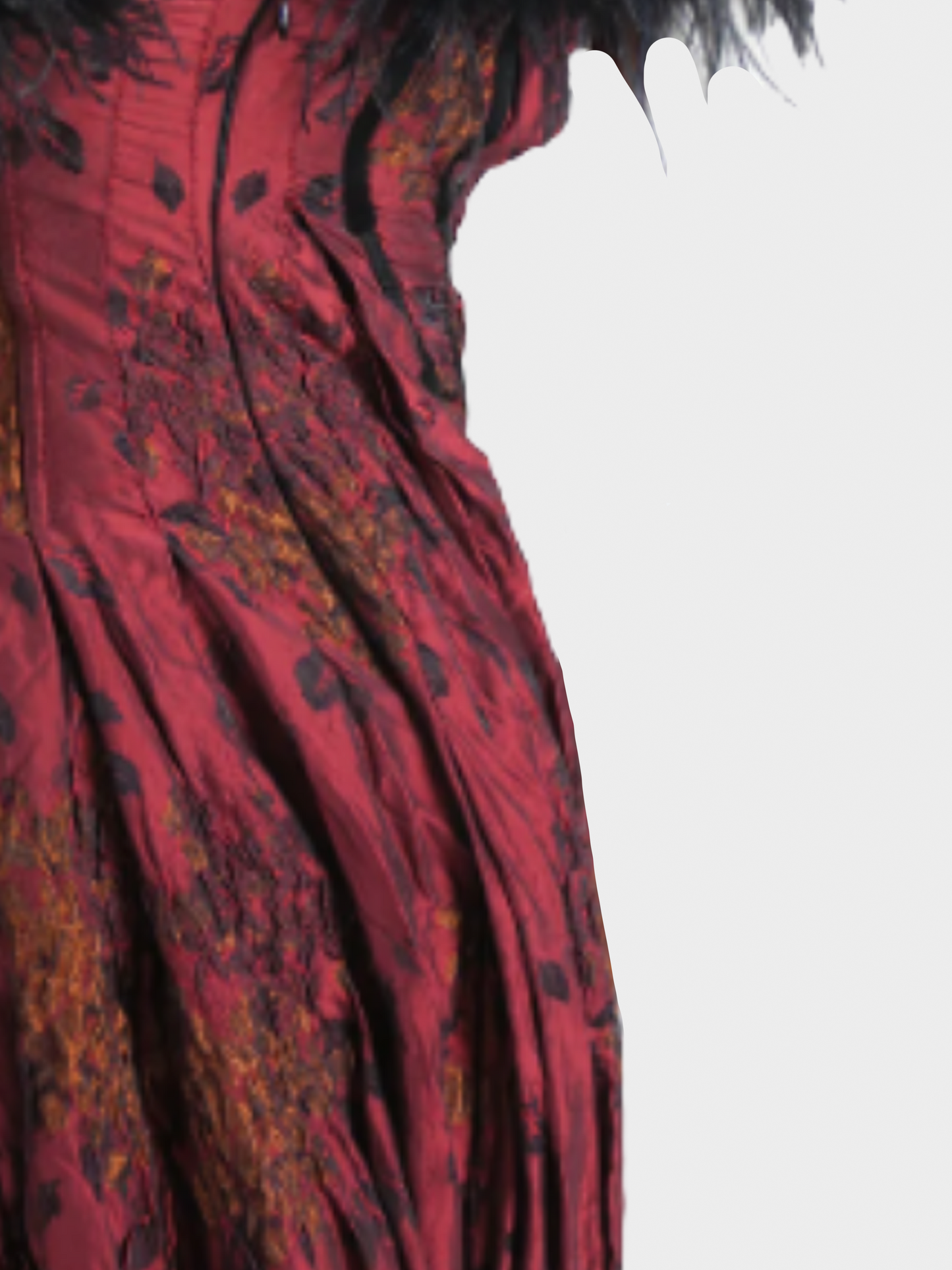 Christian Lacroix FW 2002 Red Tapestry Design with Ostrich Feather Gown