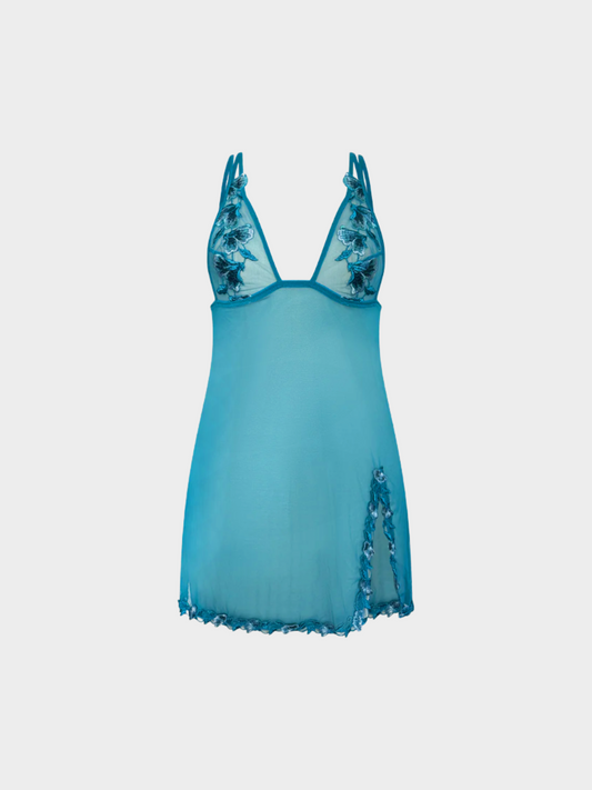 La Perla 2000s Turquoise Floral Applique Night Dress