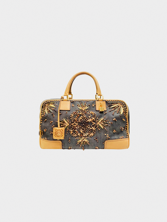 Loewe 2007 Dark Denim Beaded Denim Amazona Bag
