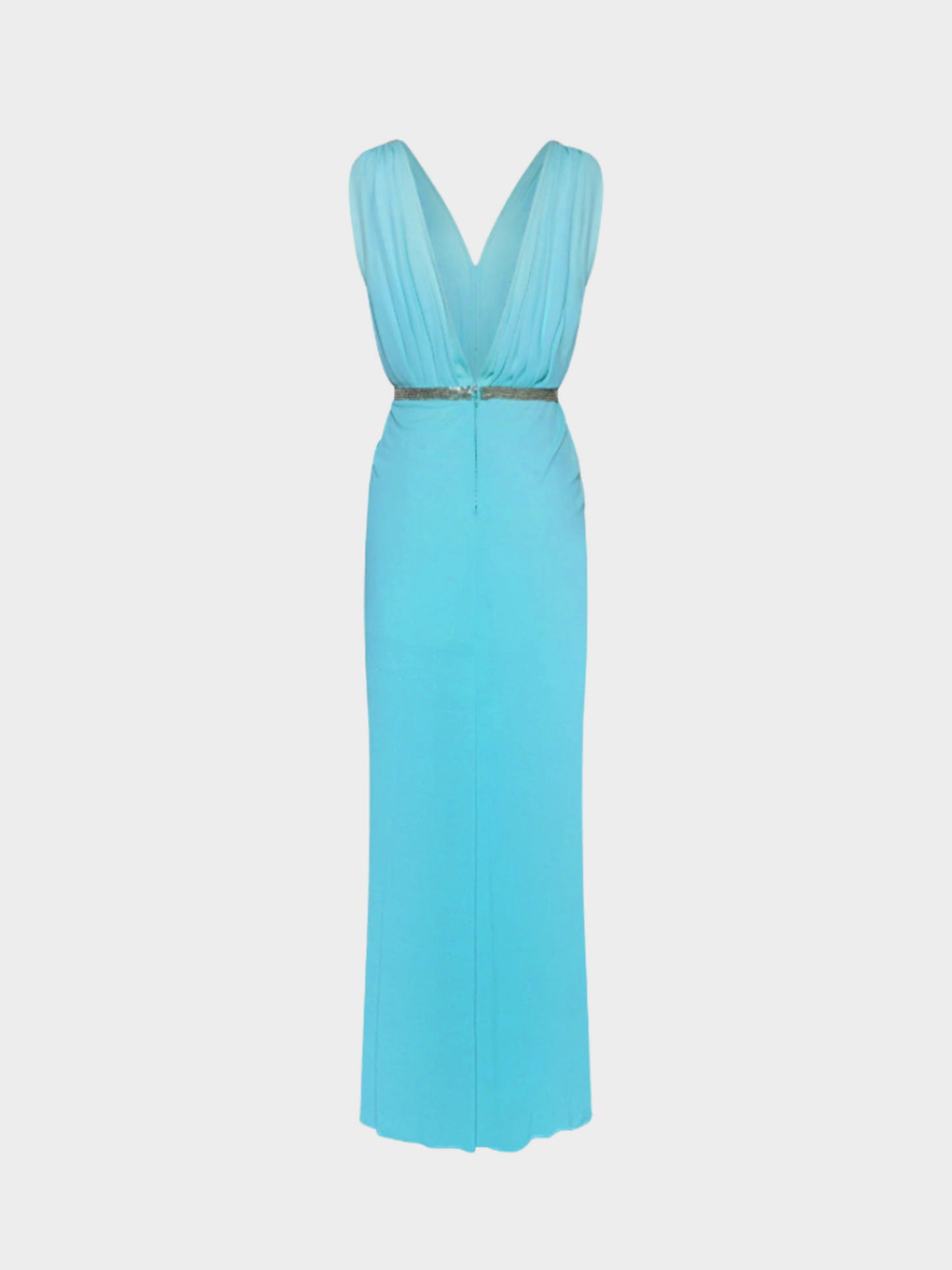 Loris Azzaro 1970s Azure Blue Silk Draped and Embellished Maxi Dress