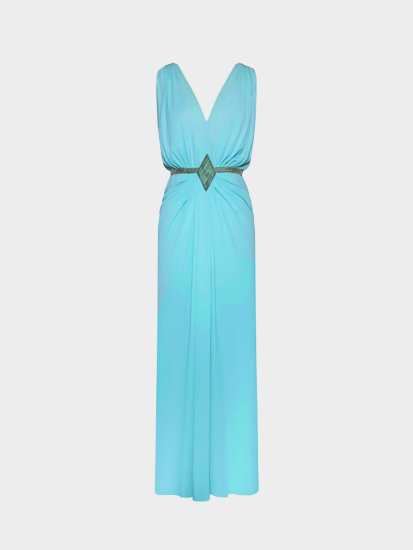 Loris Azzaro 1970s Azure Blue Silk Draped and Embellished Maxi Dress