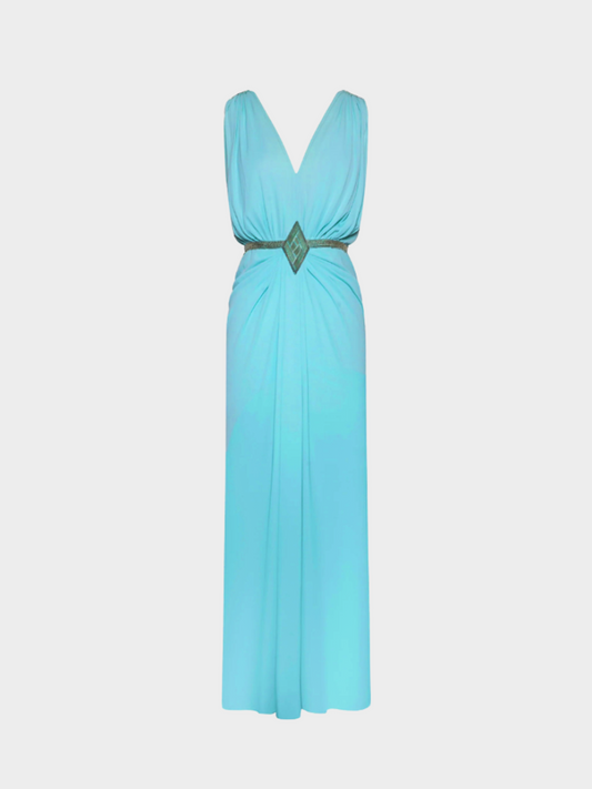 Loris Azzaro 1970s Azure Blue Silk Draped and Embellished Maxi Dress