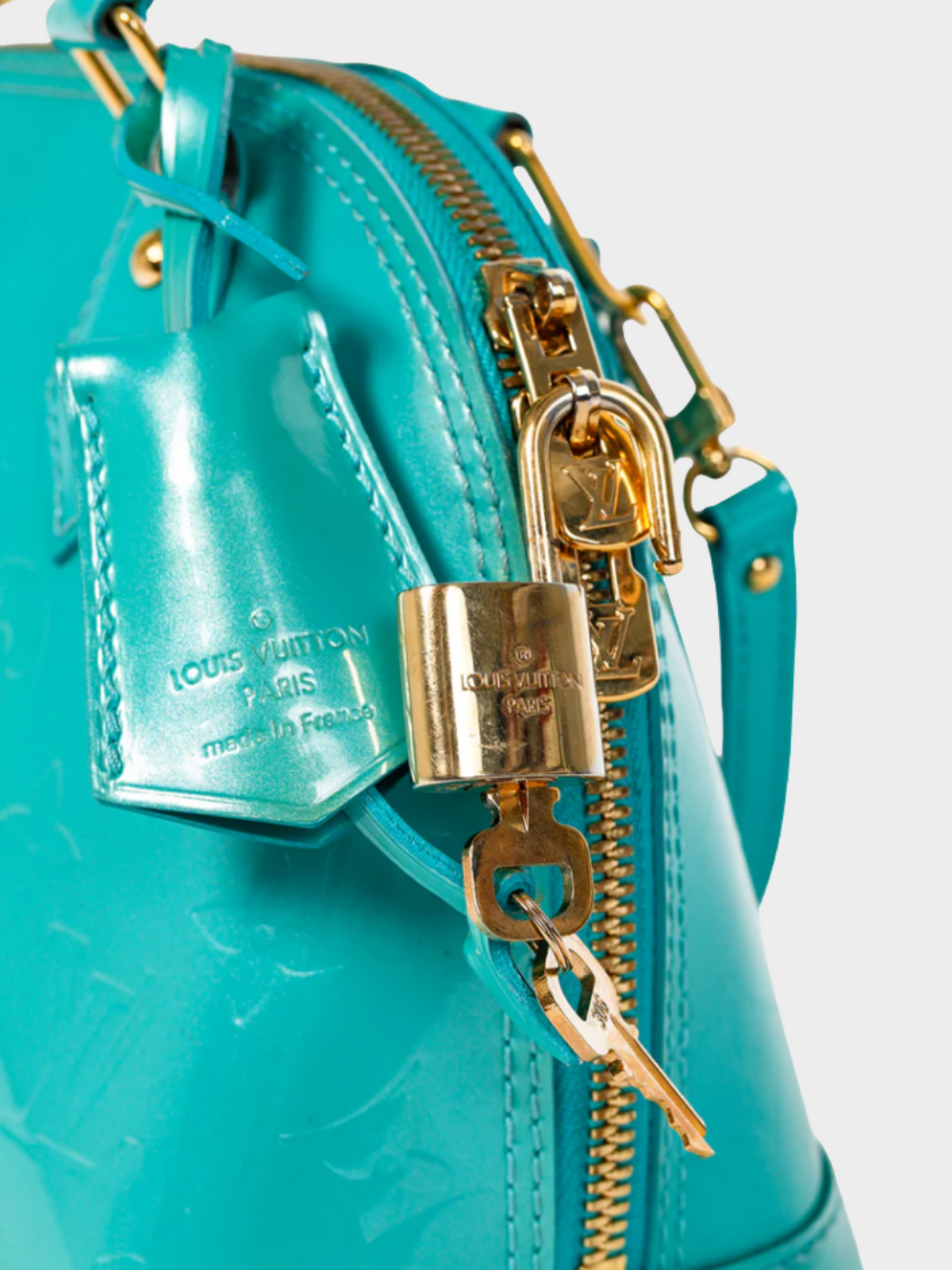 Louis Vuitton 2010s Turquoise Alma BB Turquoise Monogram Vernis Bag
