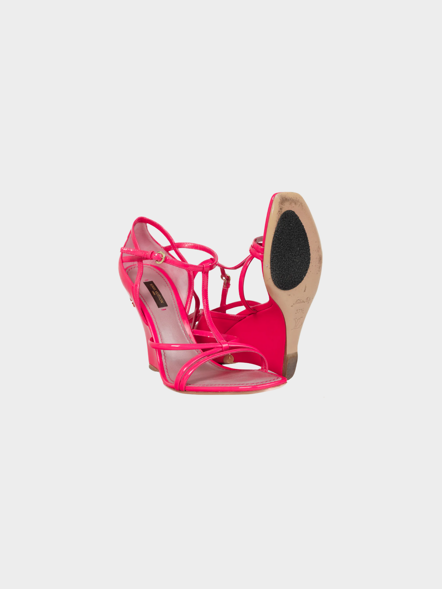 Louis Vuitton SS 2009 Rose Pink Patent T-Strap Wedge Sandals