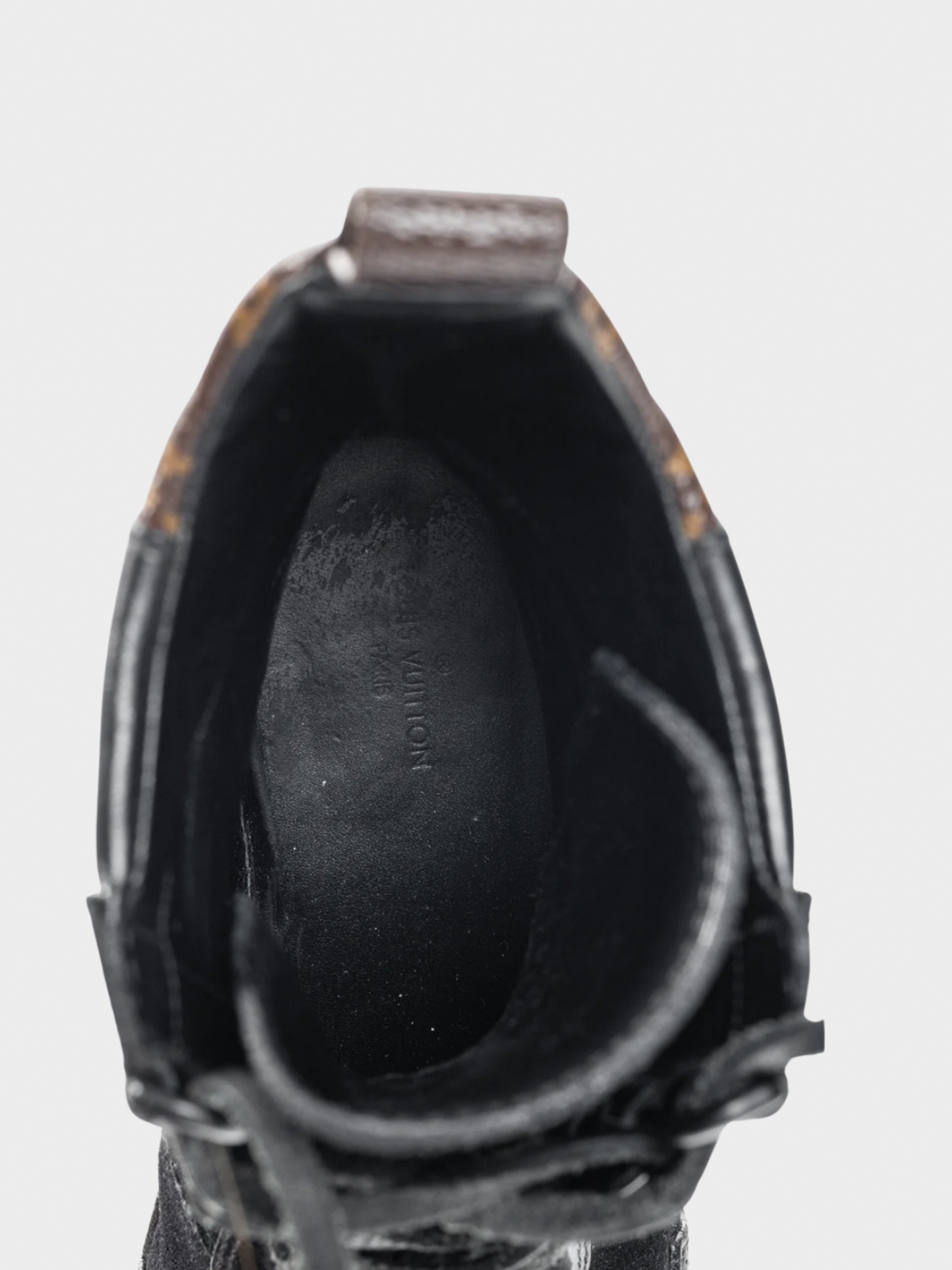 Louis Vuitton 2018 Laureate Black Suede Monogram Canvas Patch-Applique Platform Boots