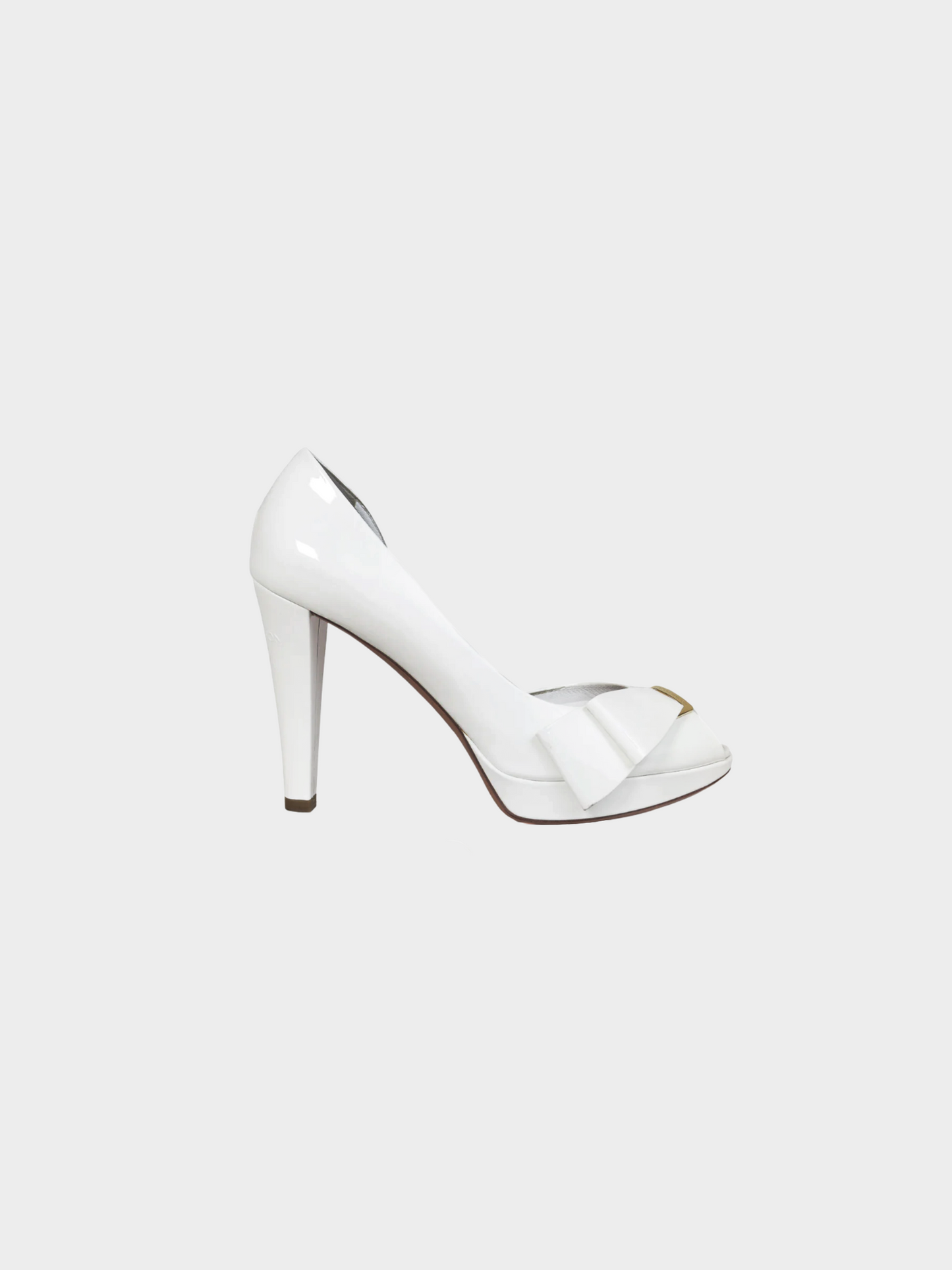Louis Vuitton SS 2009 White Patent Leather Peep Toe Bow Pumps