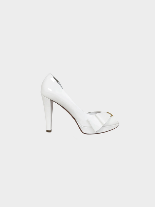 Louis Vuitton SS 2009 White Patent Leather Peep Toe Bow Pumps
