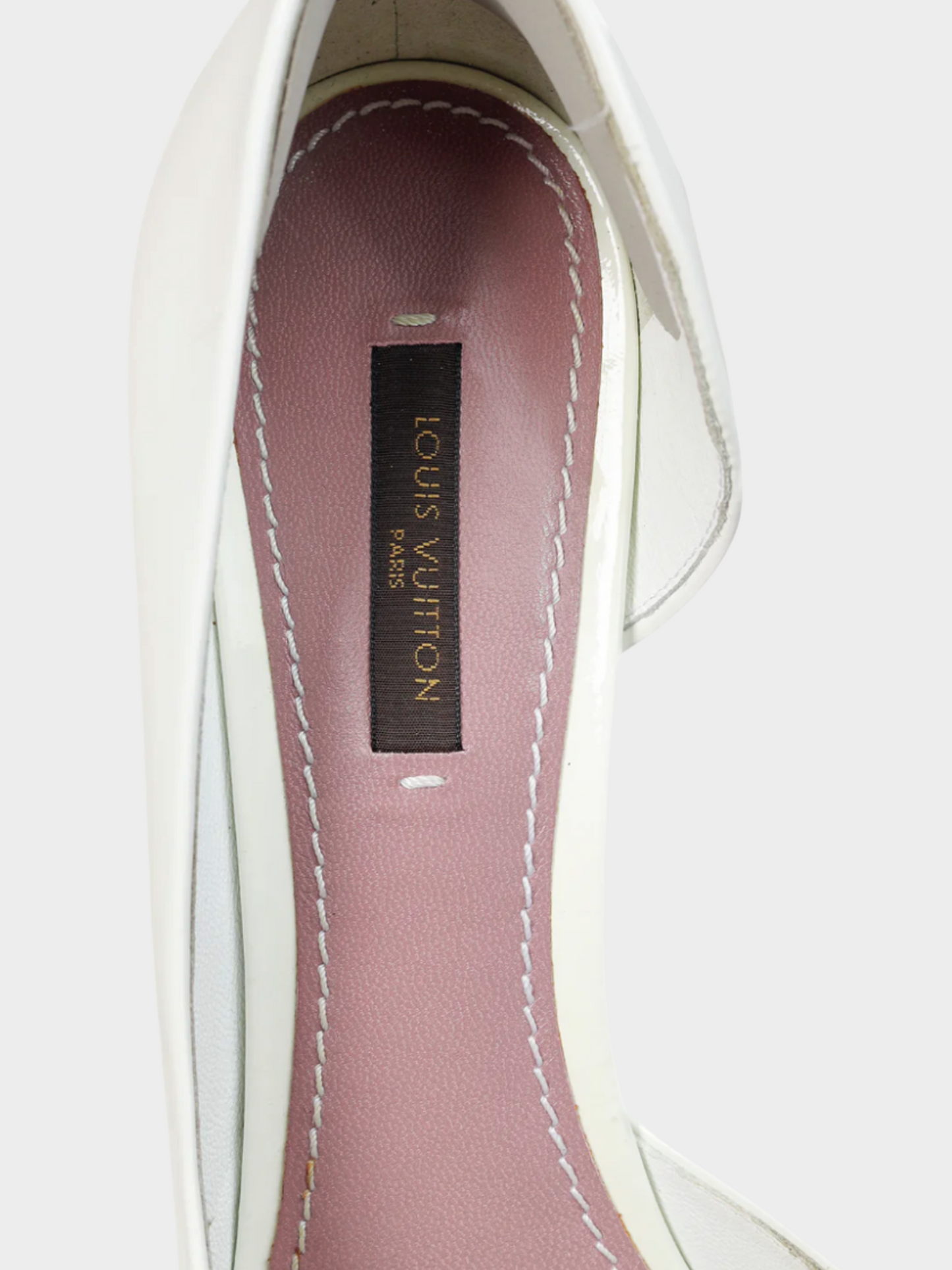 Louis Vuitton SS 2009 White Patent Leather Peep Toe Bow Pumps