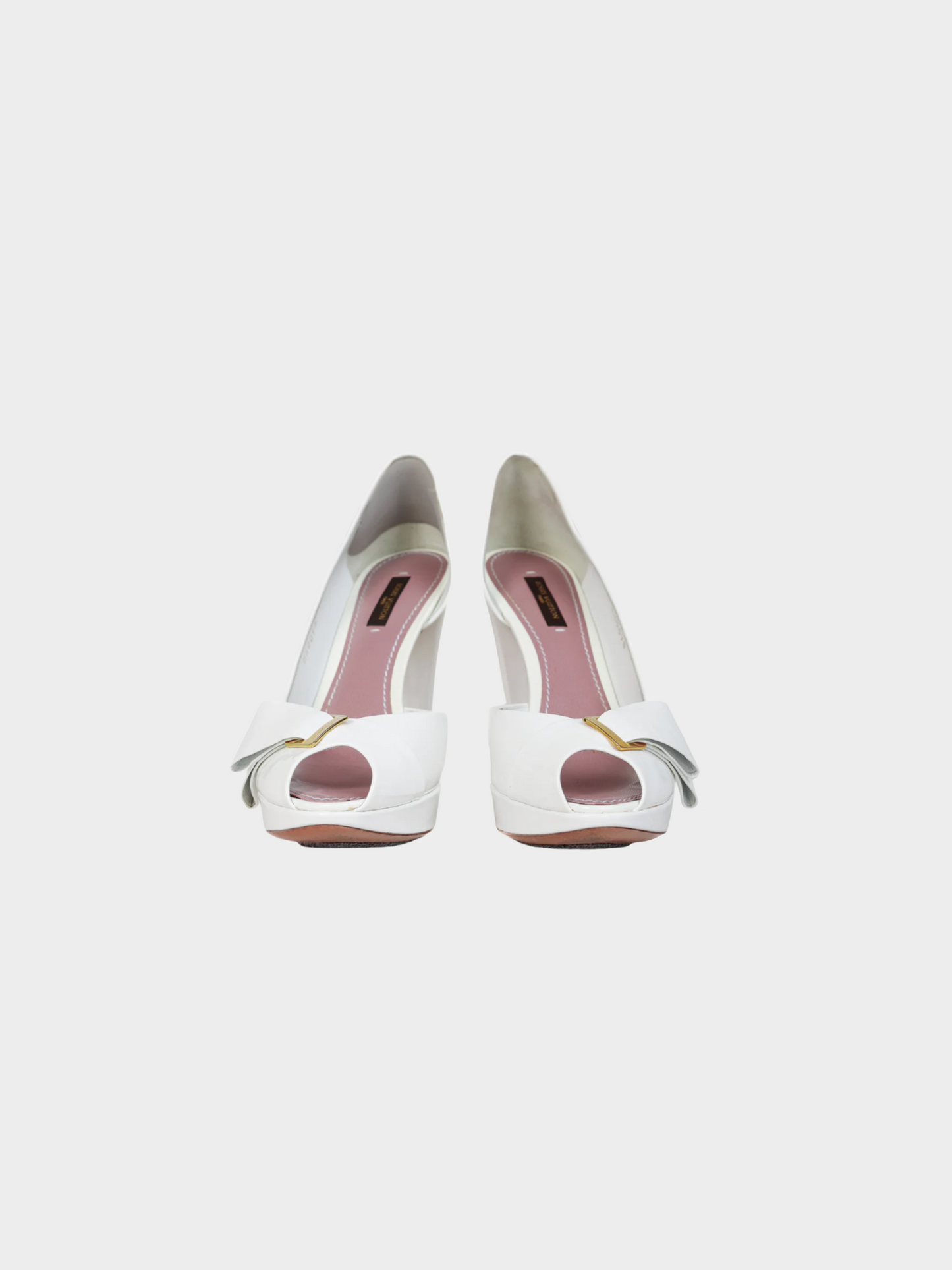 Louis Vuitton SS 2009 White Patent Leather Peep Toe Bow Pumps
