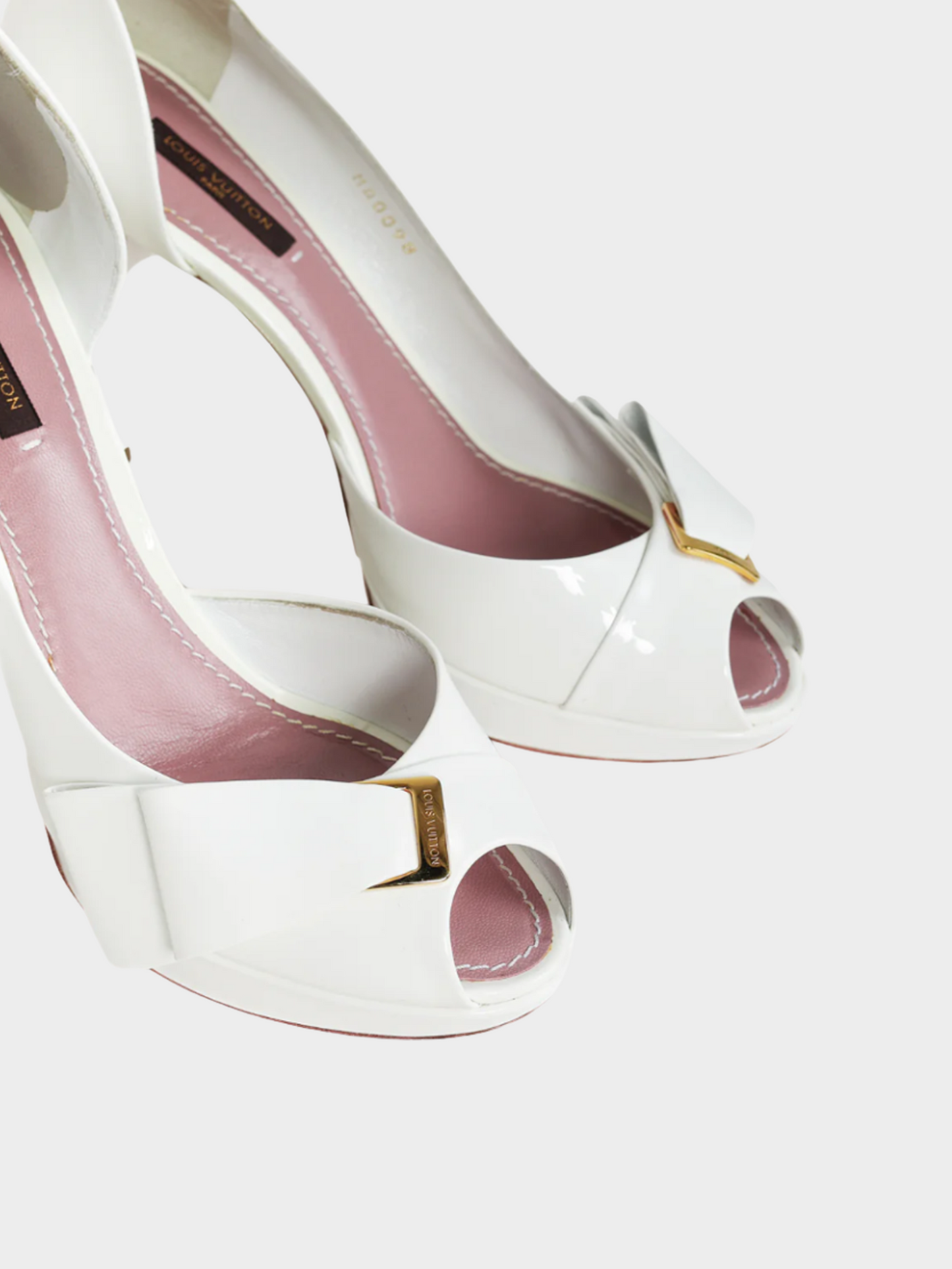 Louis Vuitton SS 2009 White Patent Leather Peep Toe Bow Pumps