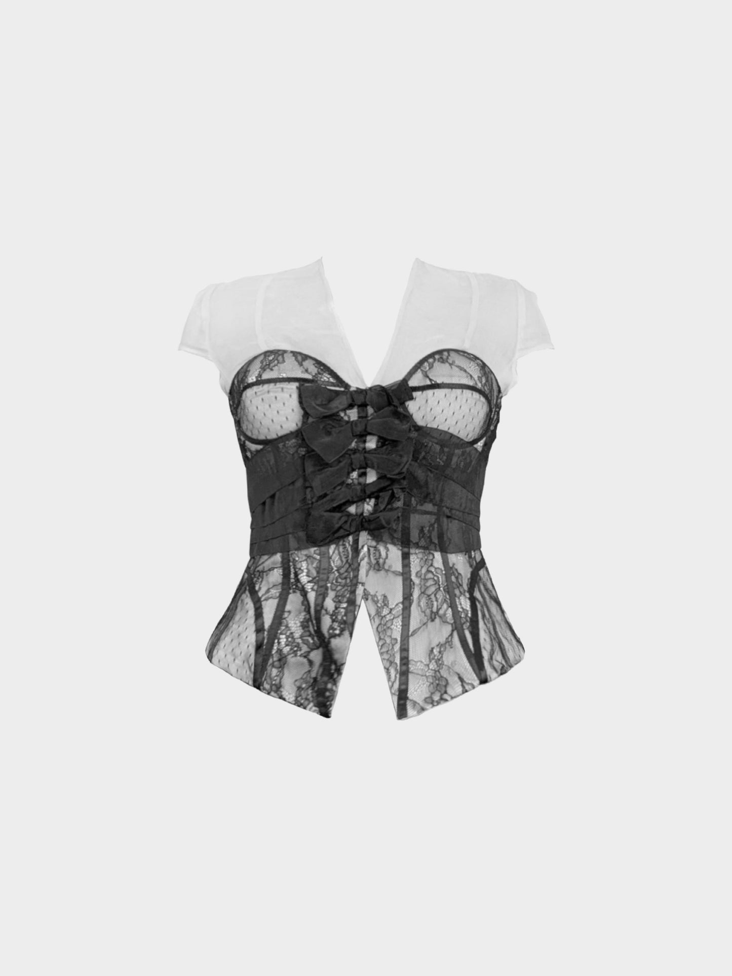 Christian Dior 2000s Black and White Peplum Lace and Mesh Corset Top