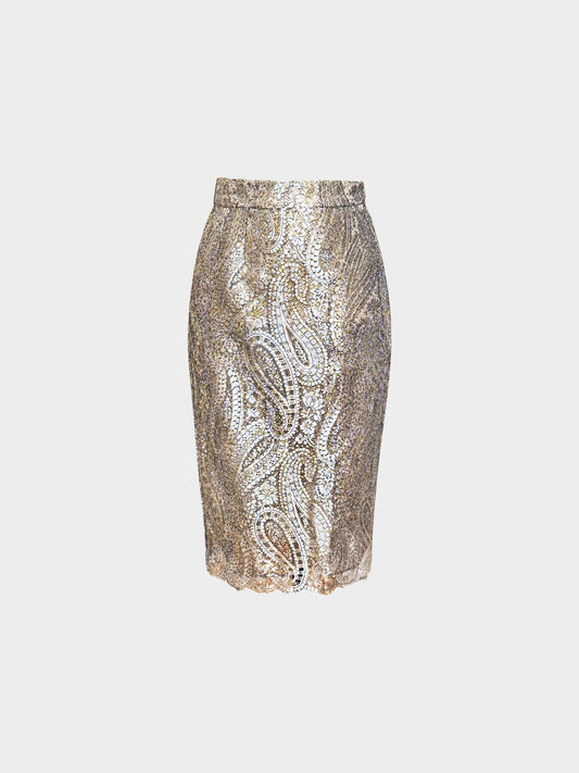 Chanel 2010s Gold and Silver Metallic Paisley Print Pencil Skirt
