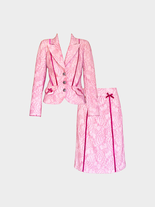 Christian Lacroix 2000s Pink Floral Lace with Velvet Bows Jacket and Skirt Set