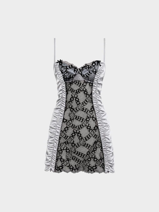 La Perla 2010s Grey Silk with Black Lace Mesh Fitted Dress