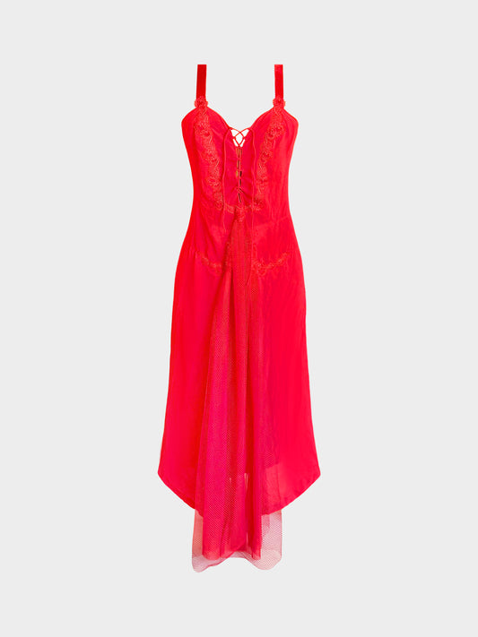 La Perla 2000s Red Chiffon Floral Embroidered Long Dress