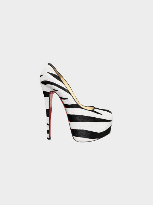 Christian Louboutin Early 2010s Black and White Pony Hair Zebra Print Daffodil Pumps