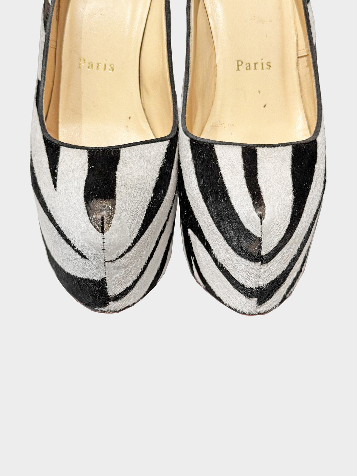 Christian Louboutin Early 2010s Black and White Pony Hair Zebra Print Daffodil Pumps