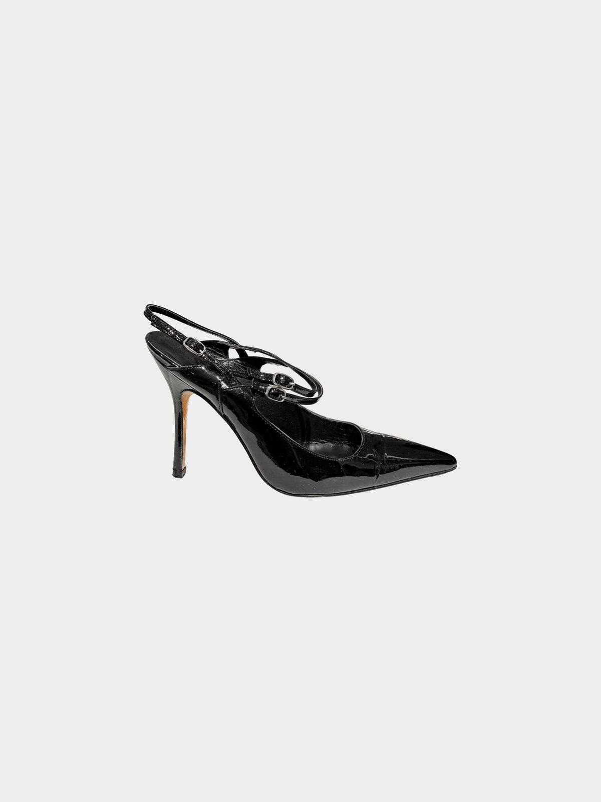 Manolo Blahnik Late 2010s Black Patent Leather Multi-strap Slingback Heels