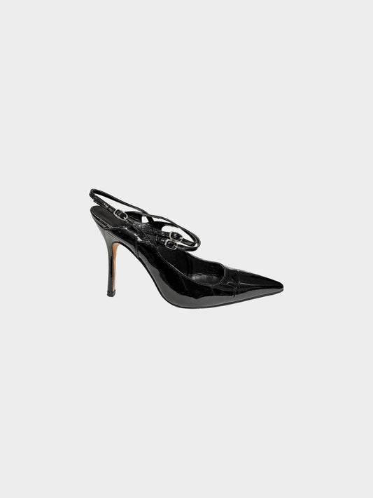 Manolo Blahnik Late 2010s Black Patent Leather Multi-strap Slingback Heels