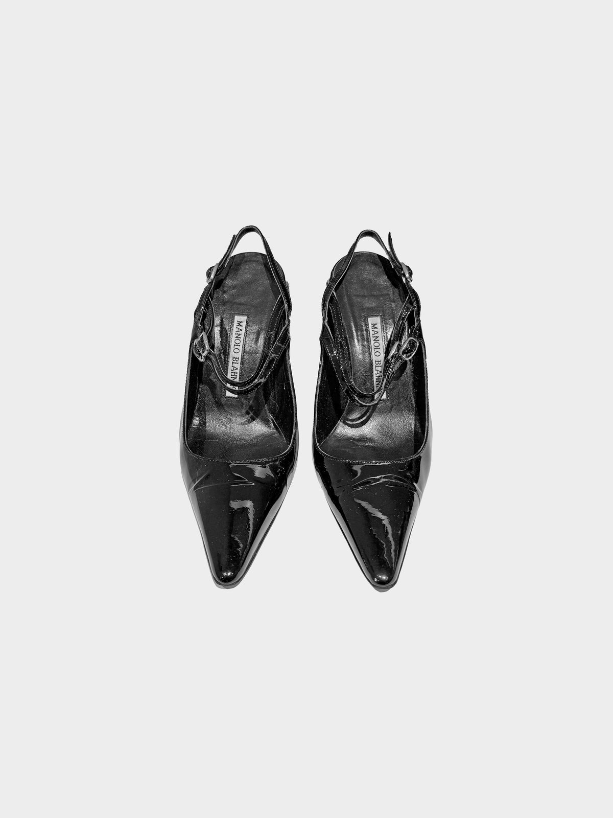 Manolo Blahnik Late 2010s Black Patent Leather Multi-strap Slingback Heels