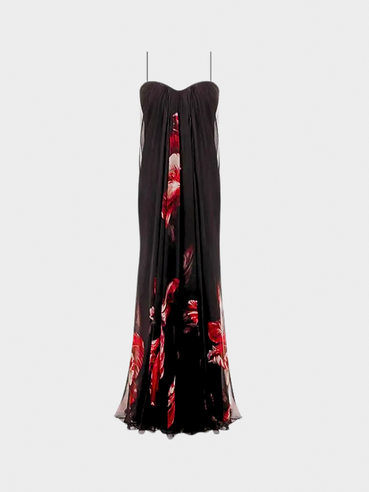 Alexander McQueen 2012 Black and Red Floral Cami Gown