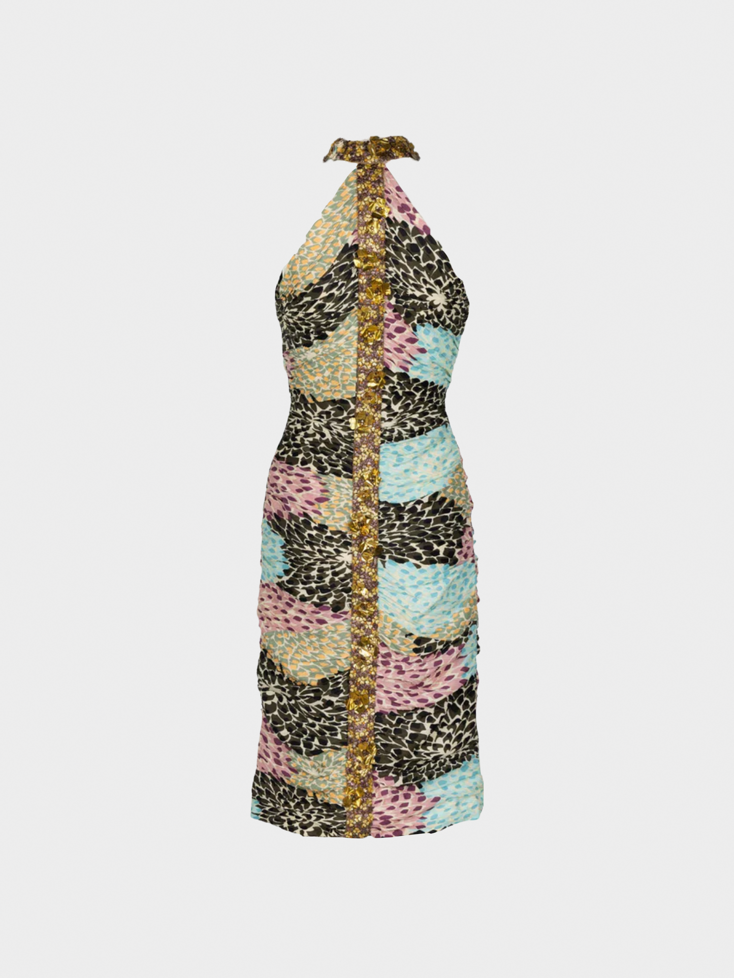 Missoni FW 2005 Multicoloured Embellished Silk Print Halter Dress