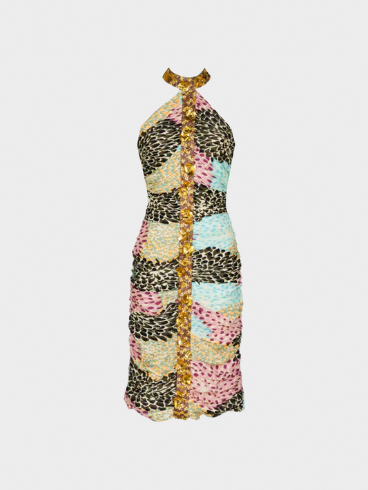 Missoni FW 2005 Multicoloured Embellished Silk Print Halter Dress