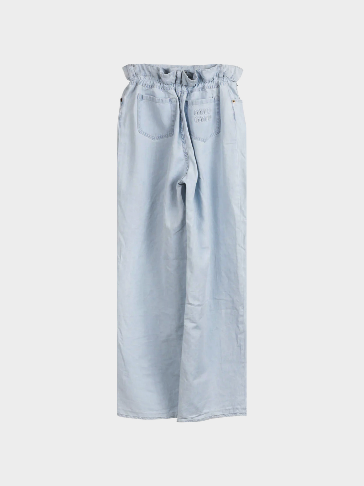 Miu Miu SS 2022 Light-Wash Twill Ruffled Wide-Leg Jeans