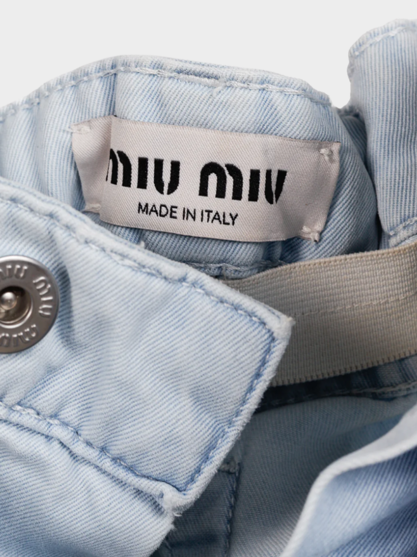 Miu Miu SS 2022 Light-Wash Twill Ruffled Wide-Leg Jeans