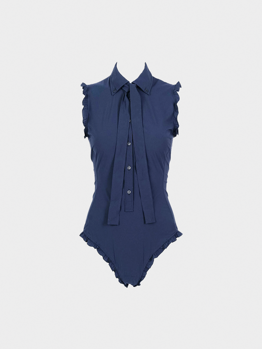 Miu Miu SS 2000 Navy Blue Ruffle Bodysuit