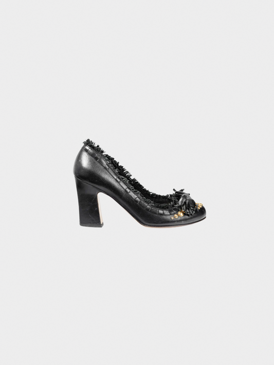 Miu Miu 2009 Black Leather Fringe-Trim Studded Bow Heels