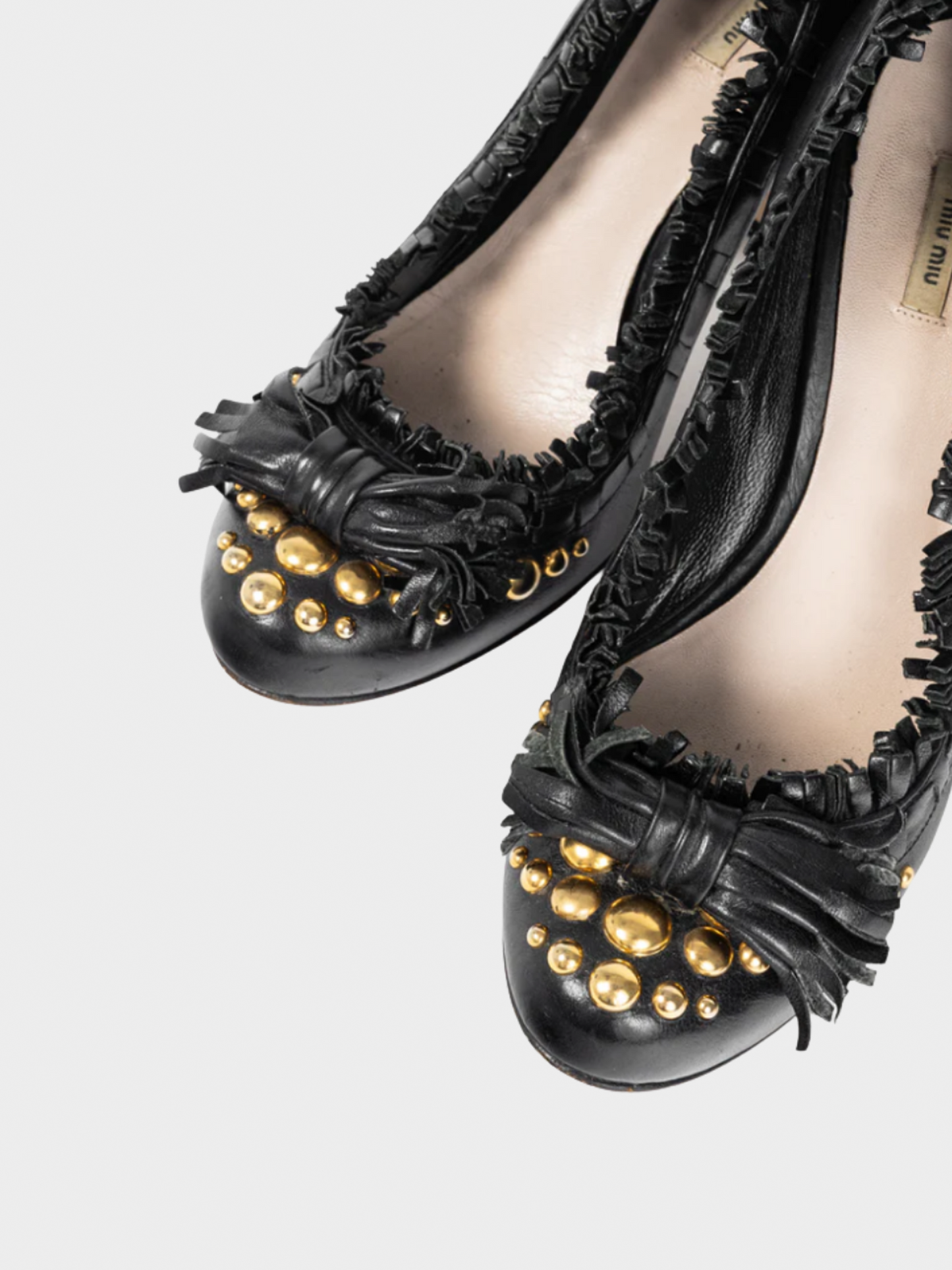 Miu Miu 2009 Black Leather Fringe-Trim Studded Bow Heels