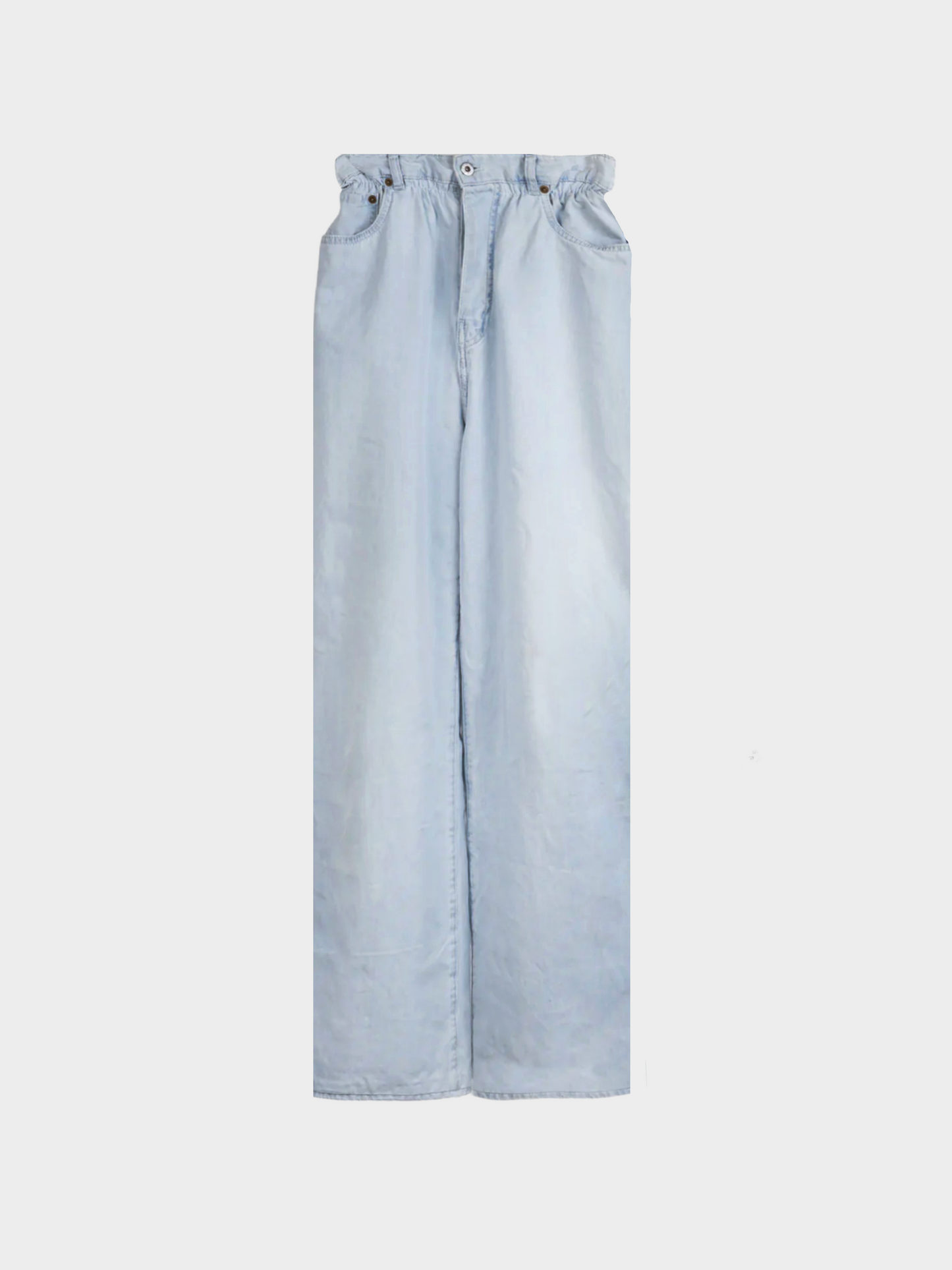 Miu Miu SS 2022 Light-Wash Twill Ruffled Wide-Leg Jeans