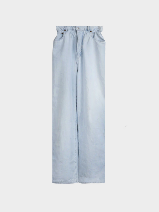 Miu Miu SS 2022 Light-Wash Twill Ruffled Wide-Leg Jeans