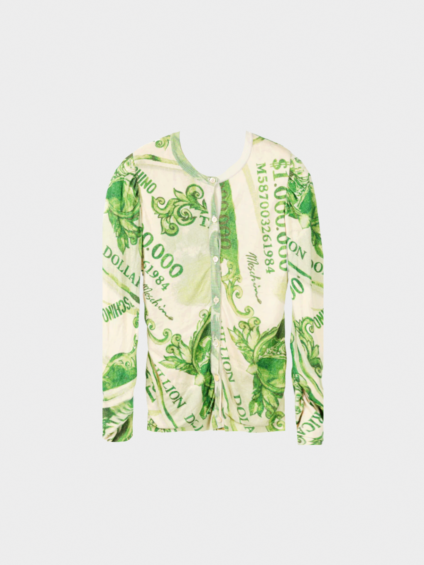 Moschino AW 2019 Couture Green Wool Money-Print Ruched Cardigan
