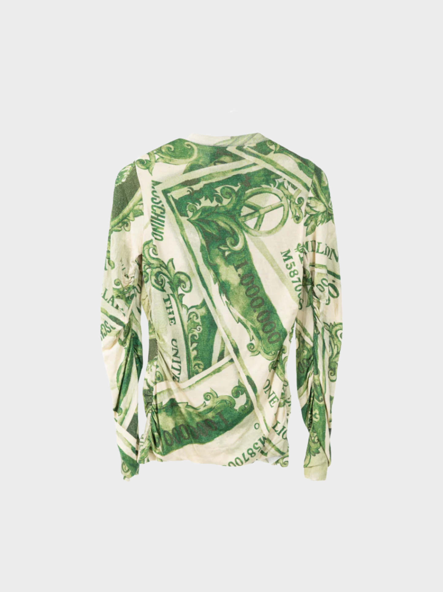 Moschino AW 2019 Couture Green Wool Money-Print Ruched Cardigan