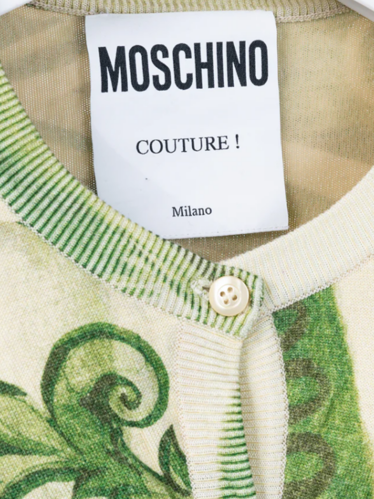 Moschino AW 2019 Couture Green Wool Money-Print Ruched Cardigan