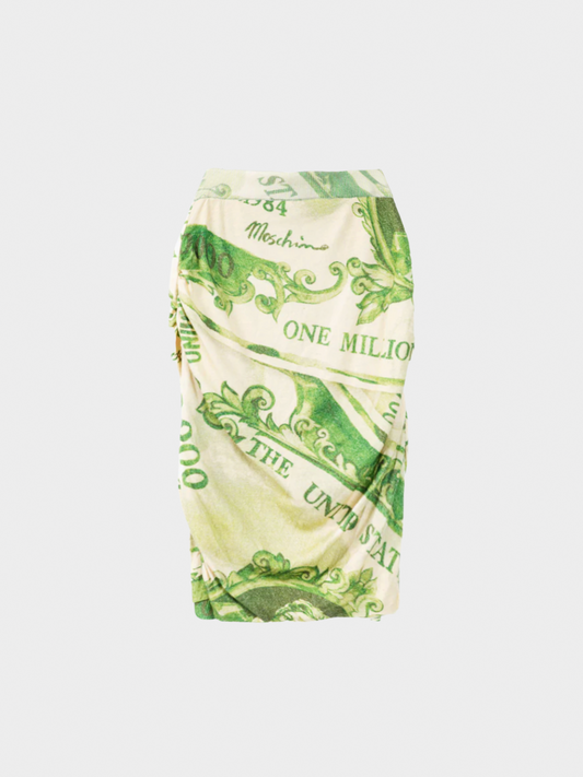 Moschino AW 2019 Green Wool Money-Print Ruched Skirt