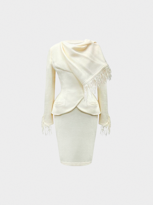 Thierry Mugler 1990s Off-white Mohair Fringe Scarf Jacket and Skirt Suit