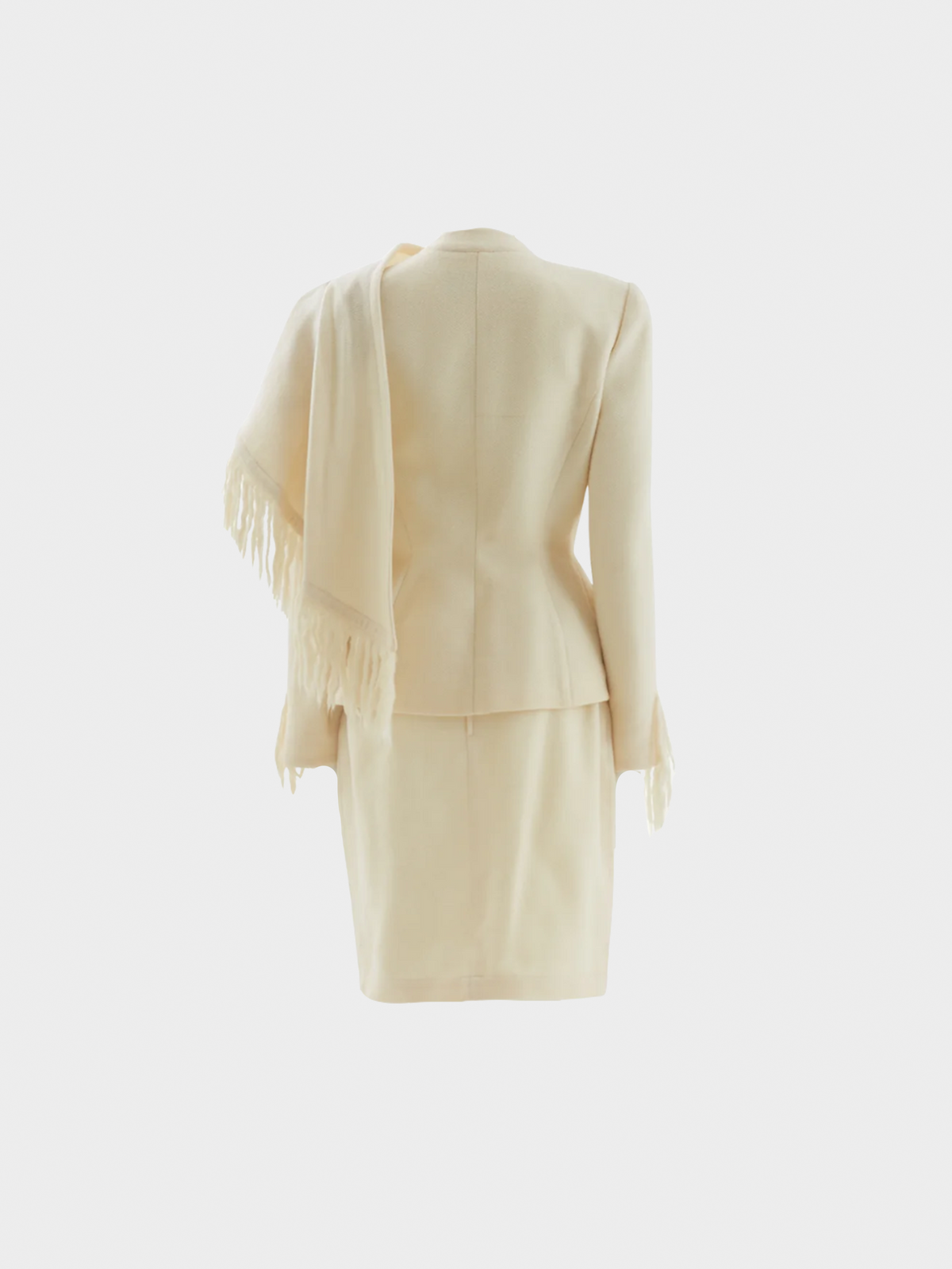 Thierry Mugler 1990s Off-white Mohair Fringe Scarf Jacket and Skirt Suit